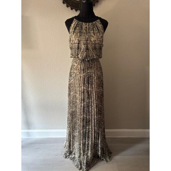 VINCE CAMUTO Pleated Dress Snakeskin Design Green Tan Sz 12 Tall Elegant Evening - Picture 1 of 8